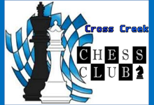 Image of a black and white chess piece in front of a blue and white chess board swirl with Cross Creek Chess Club beside to  